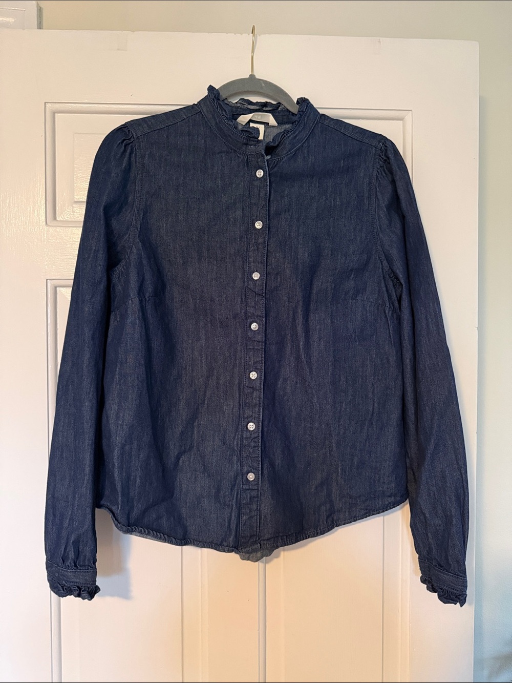 H&M 100% Cotton Ruffle Collar Button-Down Dark Denim Shirt - Size S